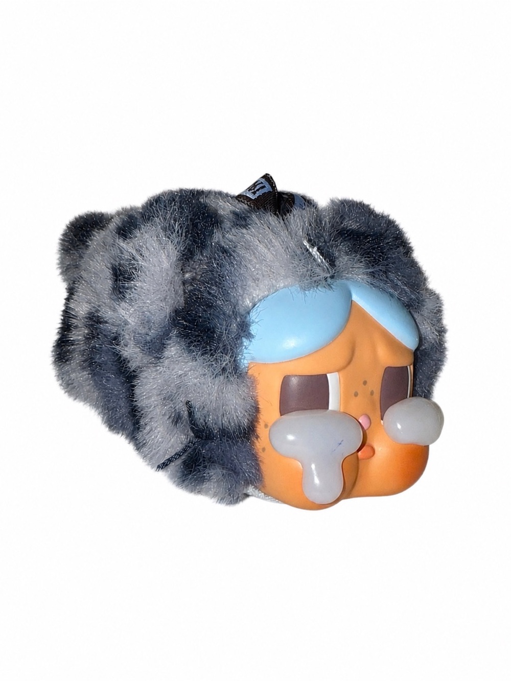 Plush Grey Fuzzy Cry Baby Toy with Blue Hair